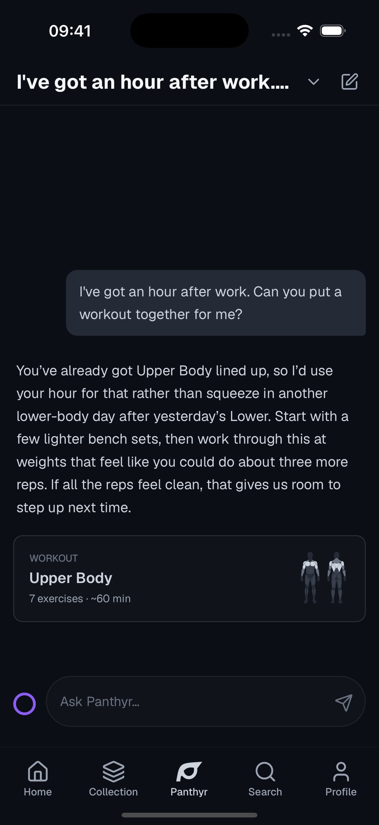 Someone asking Panthyr for an after-work workout and receiving a session built around their goal